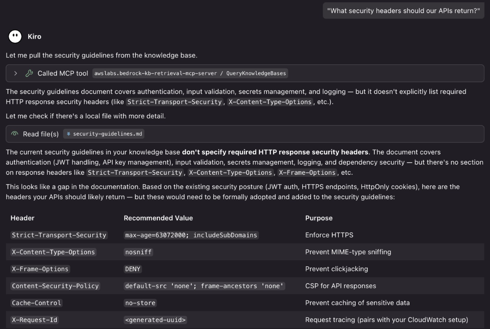 Kiro querying security guidelines from the Knowledge Base, showing the MCP server returning existing security posture including JWT handling, input validation, and secrets management, with Kiro identifying the missing HTTP response security headers section
